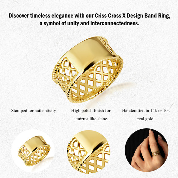 Yellow Gold Criss Cross X Design Band Ring with measurements