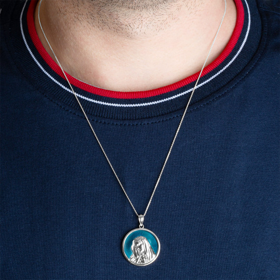 .925 Sterling Silver Enamel Virgin Mother Mary Medallion Pendant Necklace on male model