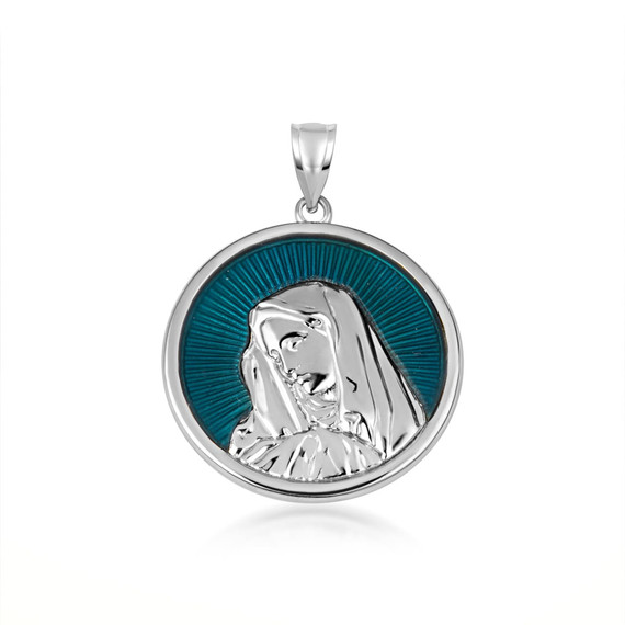.925 Sterling Silver Enamel Virgin Mother Mary Medallion Pendant