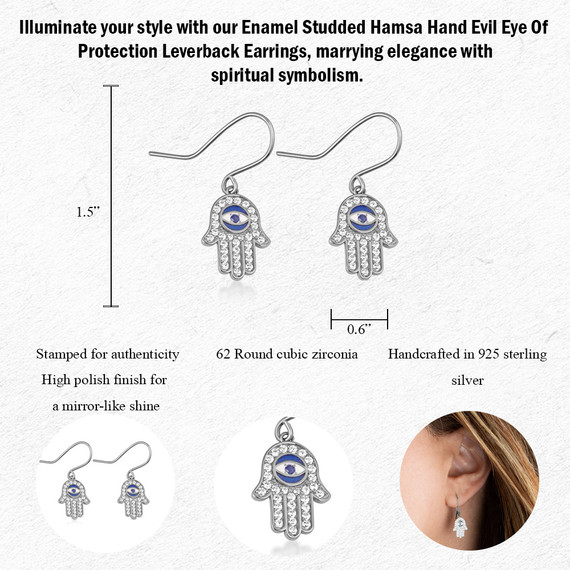 .925 Sterling Silver Enamel Cubic Zirconia Studded Hamsa Hand Evil Eye Of Protection Leverback Earrings with measurements