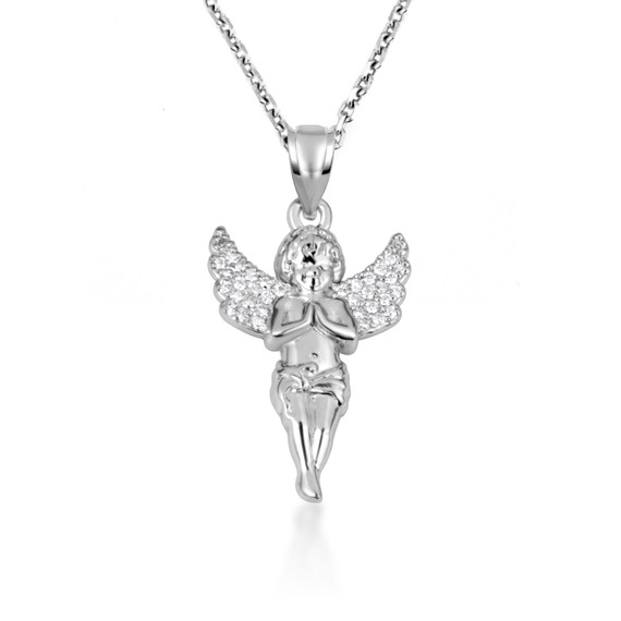 White Gold Cherub Angel Diamond Wings Pendant Necklace