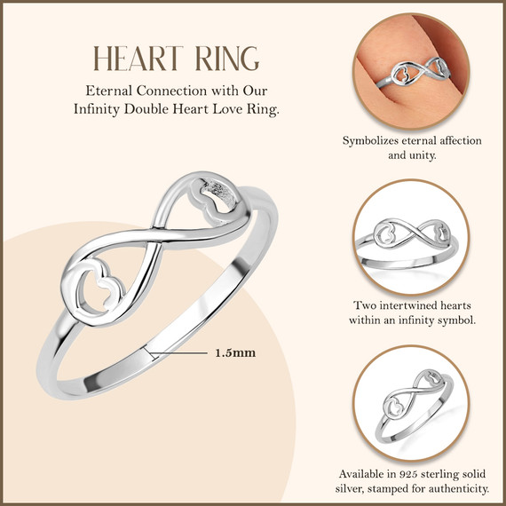 .925 Sterling Silver Infinity Double Heart Love Ring with measurement