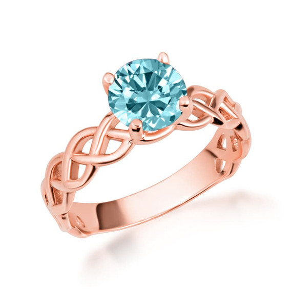 Rose Gold Genuine Aquamarine Round Gemstone Trinity Knot Claddagh Ring