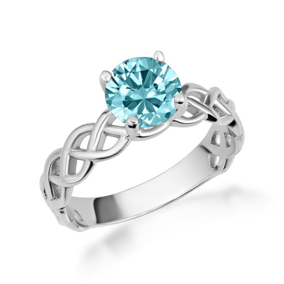 White Gold Genuine Aquamarine Round Gemstone Trinity Knot Claddagh Ring
