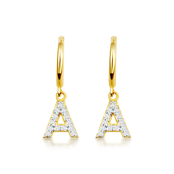 Yellow Gold Diamond Letter "A" Initial Huggie Hoop Earrings