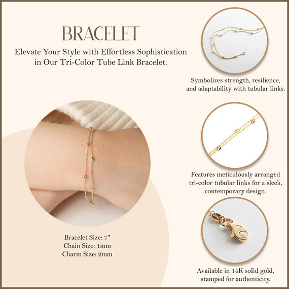 Tri-Color Gold Tube Link Bracelet with measurements