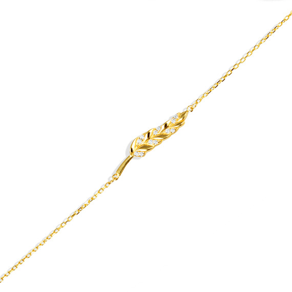 14K Yellow Gold CZ Studded Fern Leaf Bracelet 7"