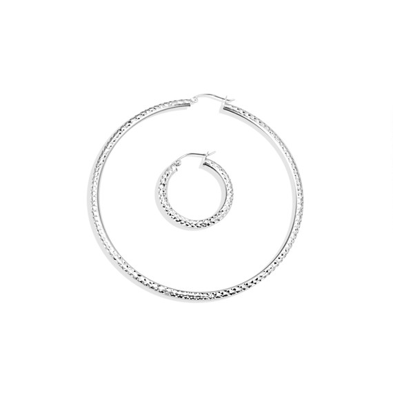 .925 Sterling Silver Diamond Cut Textured Hoop Earrings small and large