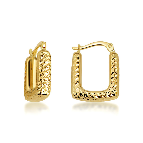 Yellow Gold Ribbed Square Hoop Diamond Cut Earrings