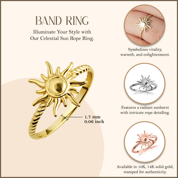 Gold Celestial Sun Rope Ring with measurements