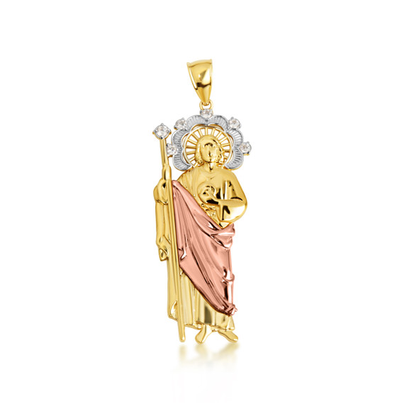 Tri-Color Gold Saint Jude Studded Pendant