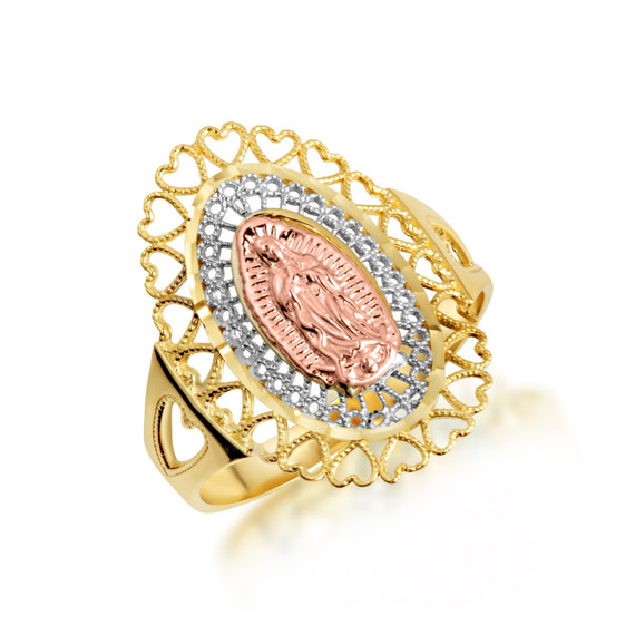 Tri-Tone Gold Lady Of Guadalupe Sacred Heart Oval Medallion Ring