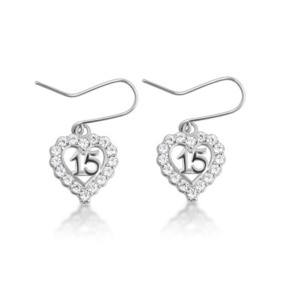 White Gold 15 Años Quinceañera Cubic Zirconia Heart Leverback Earrings