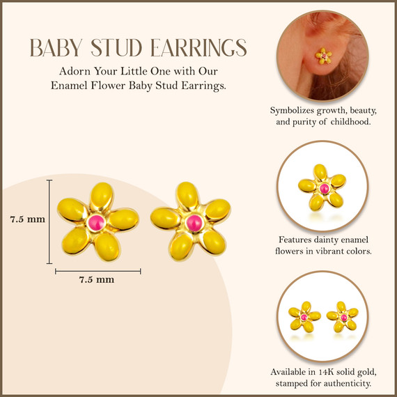 Yellow Gold Enamel Flower Baby Stud Earrings with measurements