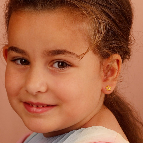 Yellow Gold Enamel Flower Baby Stud Earrings on model