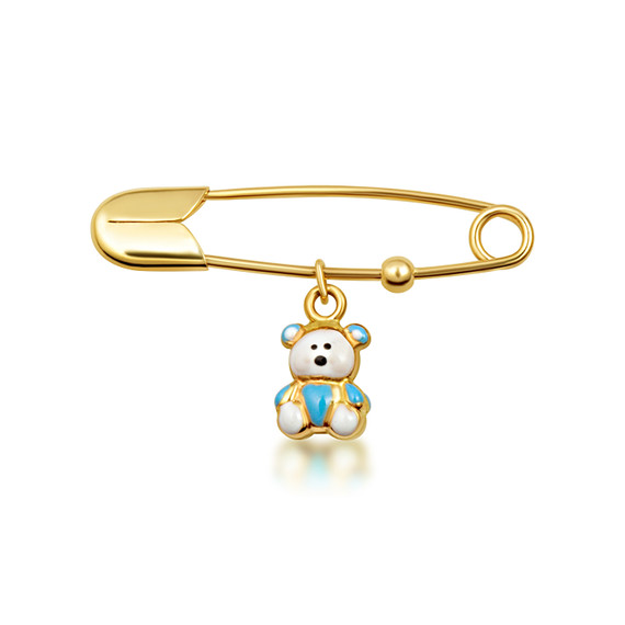 Yellow Gold Safety Pin Enamel Teddy Bear Baby Charm