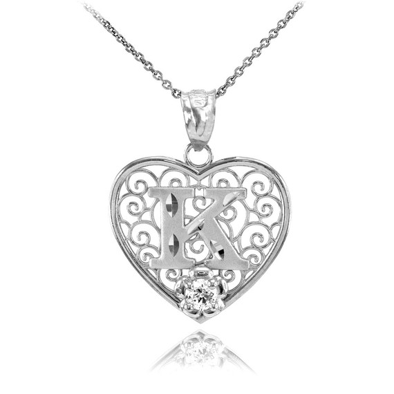 .925 Sterling Silver Filigree Heart Diamond Cut Letter "K" Initial CZ Flower Pendant Necklace
