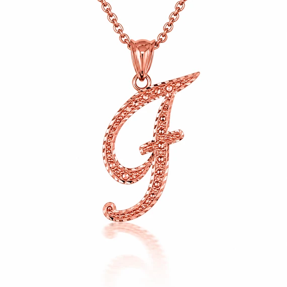 Solid Gold Script Cursive Initial "A-Z" Pendant  Necklace(Available in Yellow/Rose/White Gold)