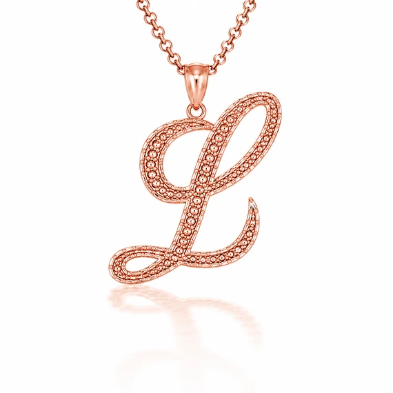 Solid Gold Script Cursive Initial "A-Z" Pendant  Necklace(Available in Yellow/Rose/White Gold)