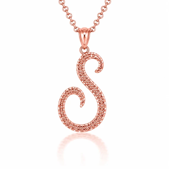 Solid Gold Script Cursive Initial "A-Z" Pendant  Necklace(Available in Yellow/Rose/White Gold)