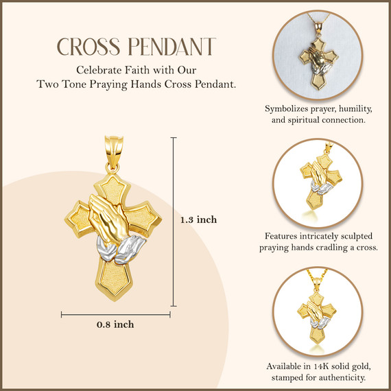 Two-Tone Yellow/White Gold Praying Hands Cross Pendant Necklace with measurements
