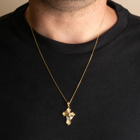 Two-Tone Yellow/White Gold Praying Hands Cross Pendant Necklace on male model