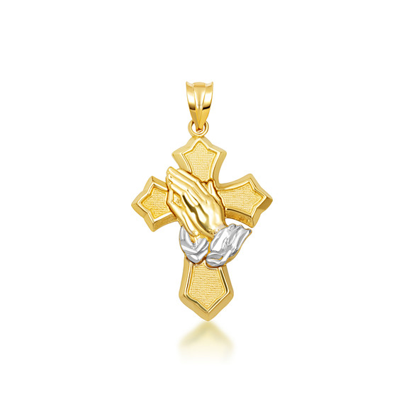 Two-Tone Yellow/White Gold Praying Hands Cross Pendant