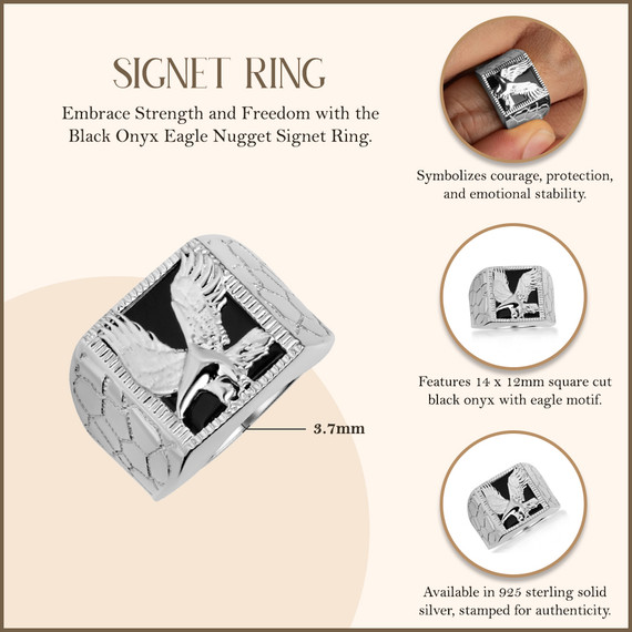 .925 Sterling Silver Black Onyx Eagle Nugget Signet Ring with measurements