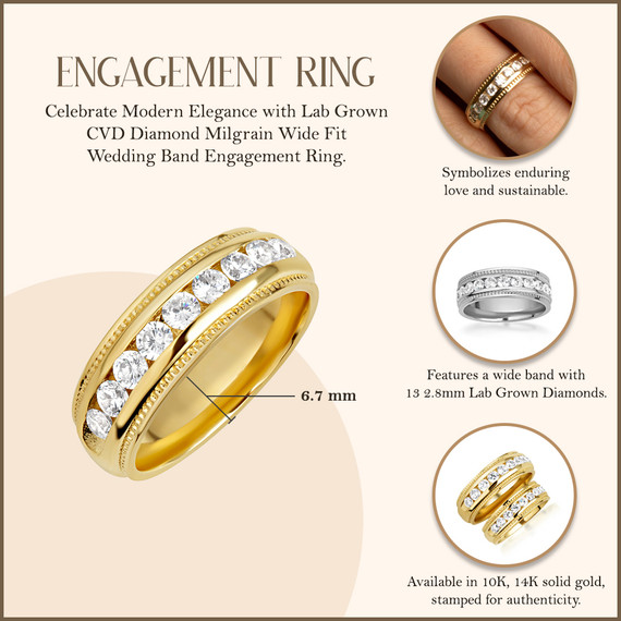 Yellow Gold Lab Grown CVD Diamond Milgrain Wide Fit Wedding Band Engagement Ring Set with measurements