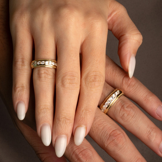 Yellow Gold Lab Grown CVD Diamond Milgrain Wide Fit Wedding Band Engagement Ring Set on male and female model