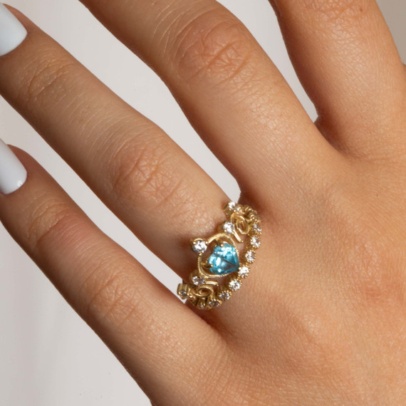 Yellow Gold Personalized Heart Cut Birthstone Crown Ring on female model
