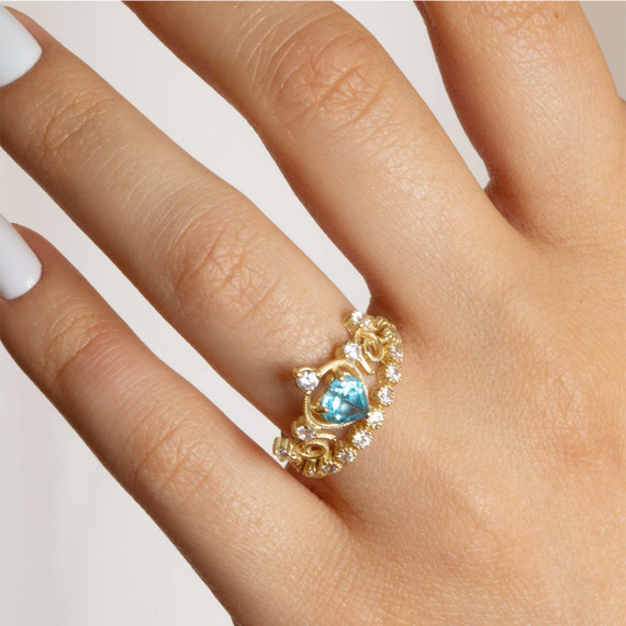 Yellow Gold Personalized Heart Cut Genuine Gemstone Crown Ring on female model