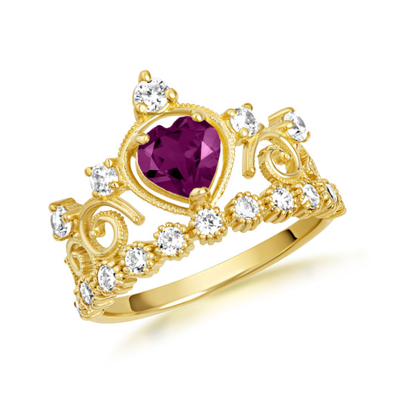 Yellow Gold Personalized Heart Cut Genuine Amethyst Gemstone Crown Ring