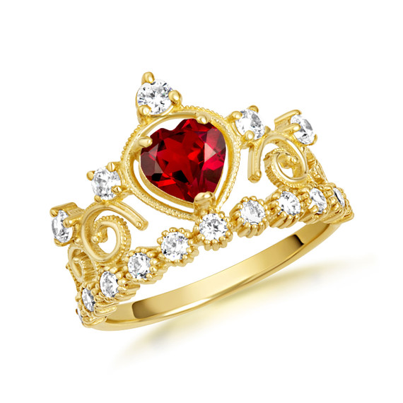 Yellow Gold Personalized Heart Cut Genuine Garnet Gemstone Crown Ring
