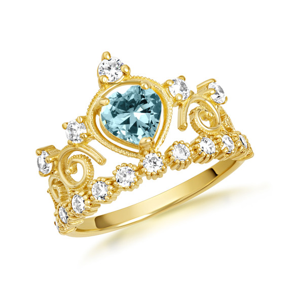 Yellow Gold Personalized Heart Cut Genuine Aquamarine Gemstone Crown Ring