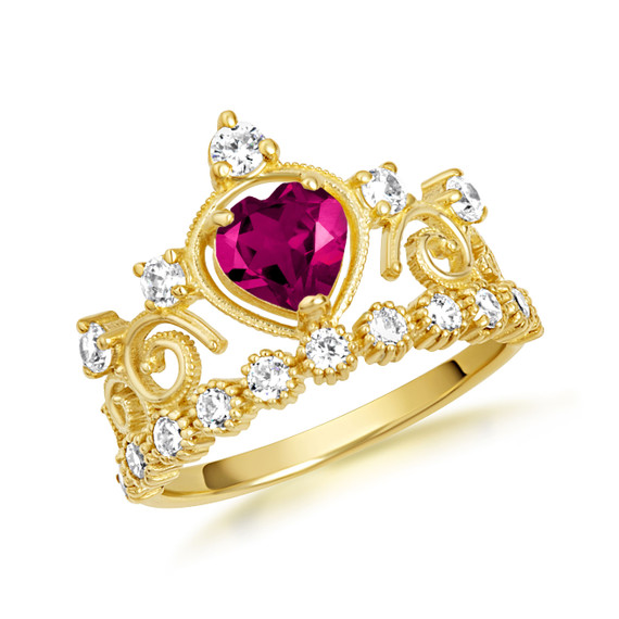 Yellow Gold Personalized Heart Cut Genuine Ruby Gemstone Crown Ring