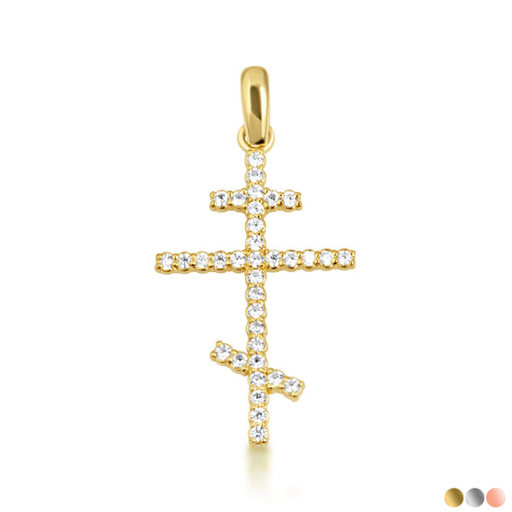 Gold Diamond Russian Orthodox Cross Crucifix Pendant