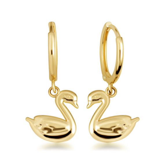 Yellow Gold Elegant Swan Drop Huggie Hoop Earrings