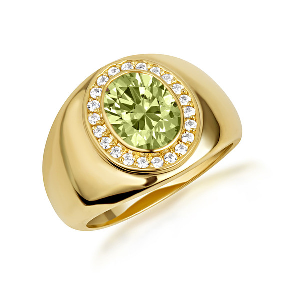 Yellow Gold Oval Peridot Gemstone Diamond Halo Signet Ring