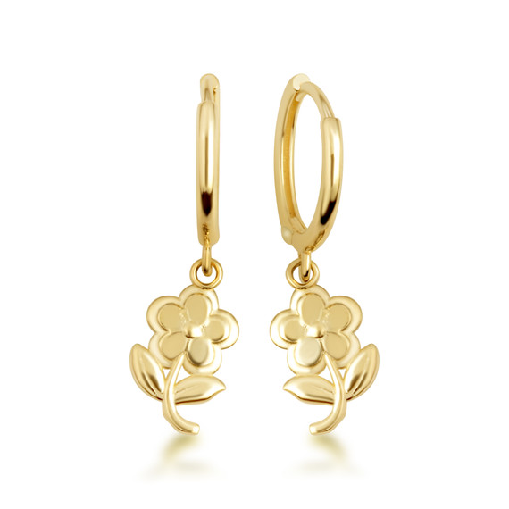 Yellow Gold Flower Daisy Drop Huggie Hoop Earrings
