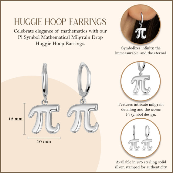 .925 Sterling Silver Pi Symbol Mathematical Milgrain Drop Huggie Hoop Earrings with measurements