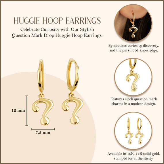 Yellow Gold Question Mark Drop Huggie Hoop Earrings with measurements
