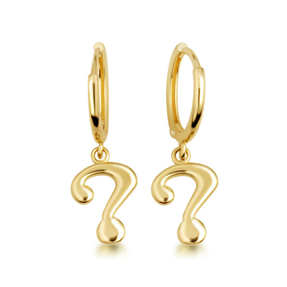 Yellow Gold Question Mark Drop Huggie Hoop Earrings