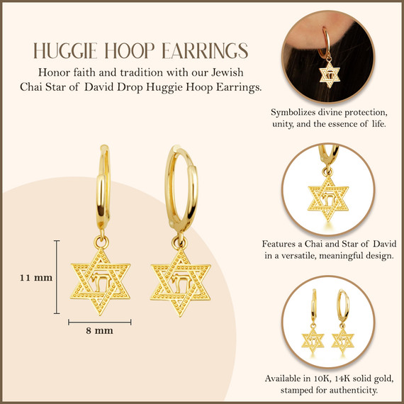 Yellow Gold Jewish Chai Star Of David Drop Huggie Hoop Earrings with measurements