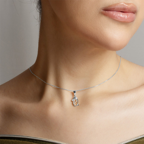 .925 Sterling Silver Cat Silhouette Studded Pendant Necklace on female model