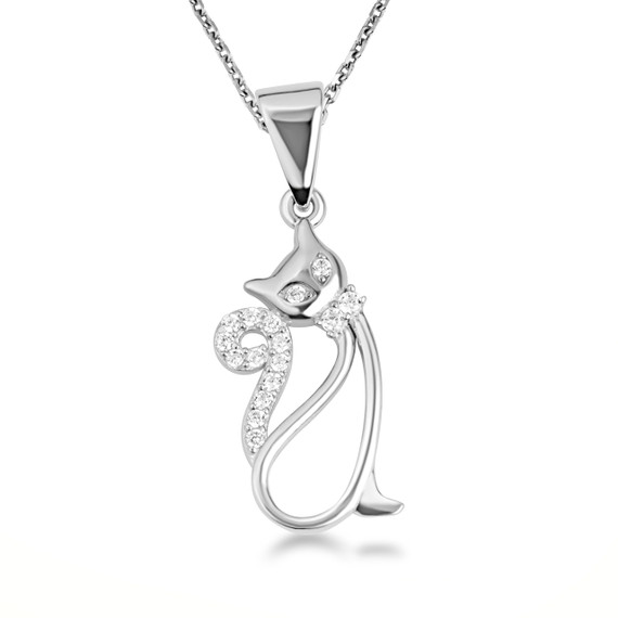 .925 Sterling Silver Cat Silhouette Studded Pendant Necklace