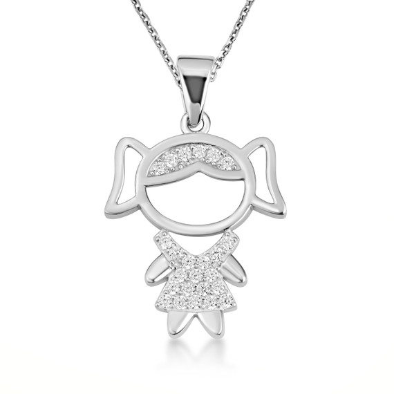 White Gold Girl Silhouette Studded Pendant Necklace