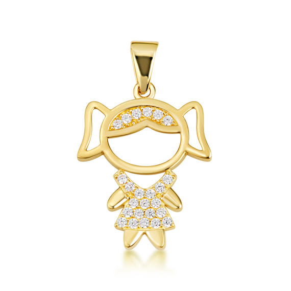 Yellow Gold Girl Silhouette Studded Pendant Necklace