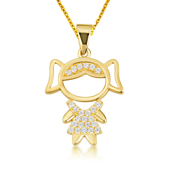 Yellow Gold Girl Silhouette Studded Pendant Necklace