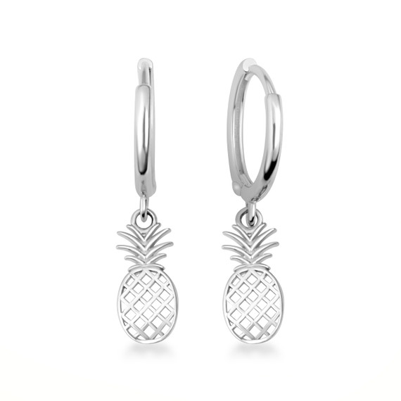 .925 Sterling Silver Pineapple Tropical Fruit Drop Huggie Hoop Earrings